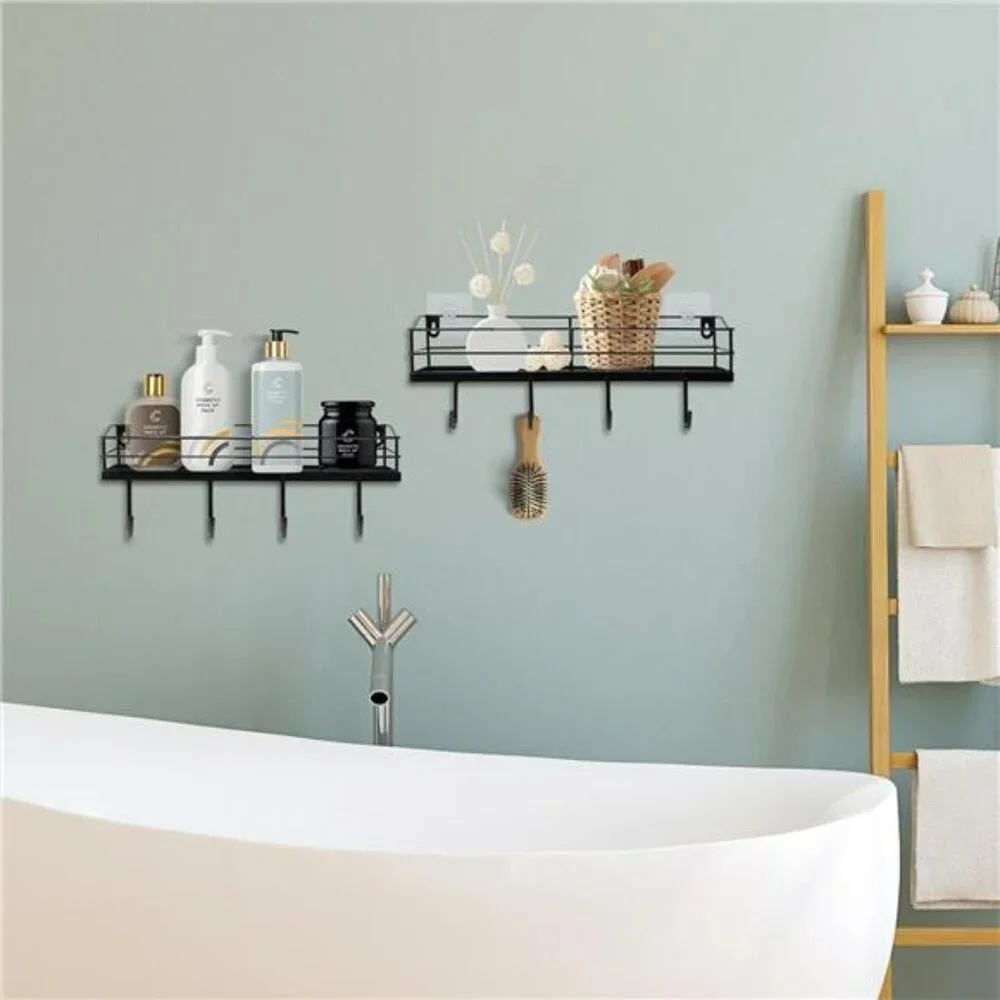 Black Floating Wall Shelves Set of 2 with Hooks Bathroom Kitchen Storage Rack